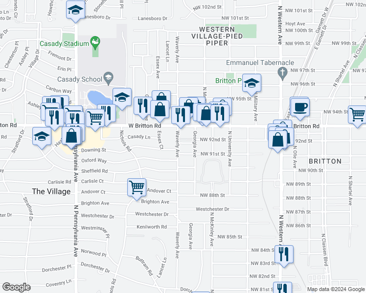 map of restaurants, bars, coffee shops, grocery stores, and more near 1301 Oxford Way in The Village