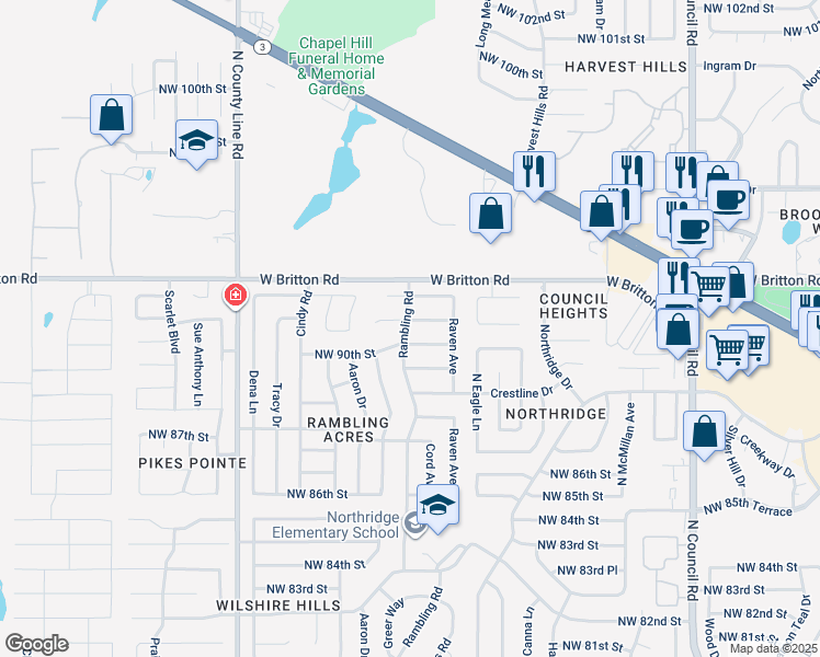 map of restaurants, bars, coffee shops, grocery stores, and more near 9009 Rambling Road in Oklahoma City