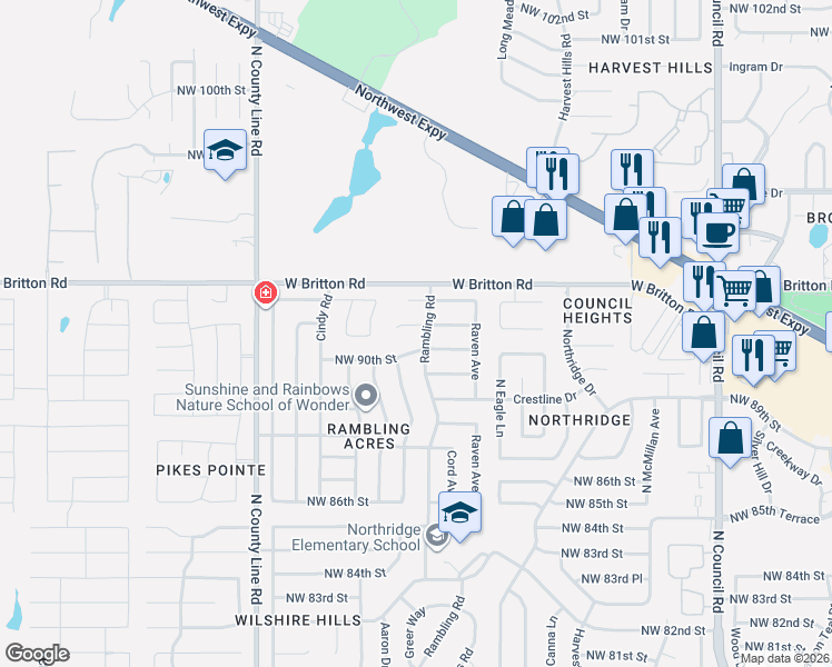 map of restaurants, bars, coffee shops, grocery stores, and more near 9009 Rambling Road in Oklahoma City