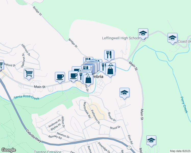 map of restaurants, bars, coffee shops, grocery stores, and more near Newton Drive in Cambria