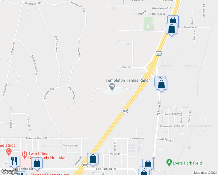 map of restaurants, bars, coffee shops, grocery stores, and more near Championship Lane in Templeton
