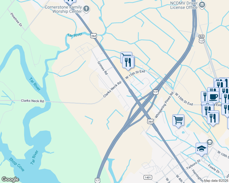 map of restaurants, bars, coffee shops, grocery stores, and more near 207 Clarks Neck Road in Washington