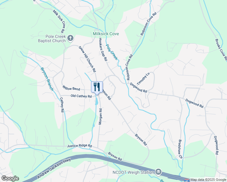 map of restaurants, bars, coffee shops, grocery stores, and more near 732 Bryson Road in Candler