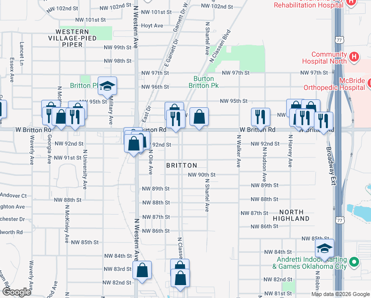 map of restaurants, bars, coffee shops, grocery stores, and more near 739 Northwest 91st Street in Oklahoma City
