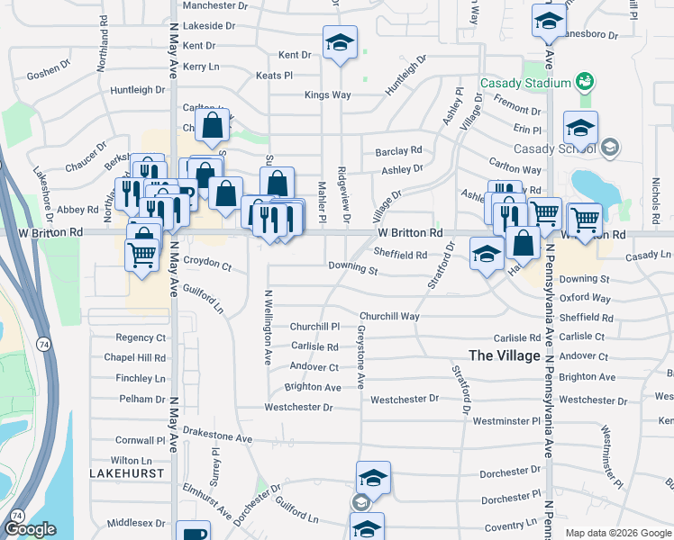 map of restaurants, bars, coffee shops, grocery stores, and more near 2204 Hasley Drive in The Village