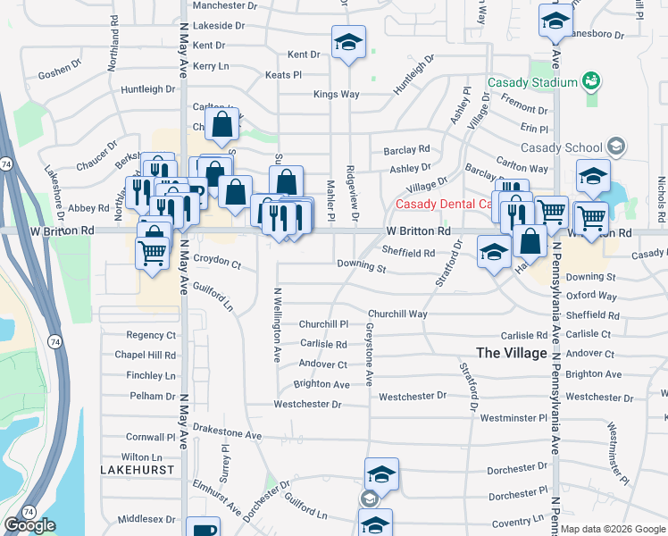 map of restaurants, bars, coffee shops, grocery stores, and more near 2204 Hasley Drive in The Village