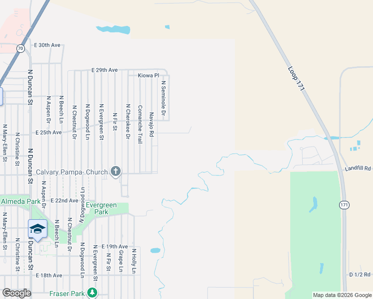 map of restaurants, bars, coffee shops, grocery stores, and more near 1505 Laguna Road in Pampa