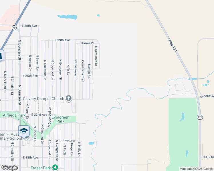 map of restaurants, bars, coffee shops, grocery stores, and more near 1505 Laguna Road in Pampa