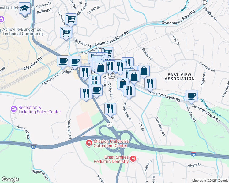 map of restaurants, bars, coffee shops, grocery stores, and more near 119 Dodge Street in Asheville