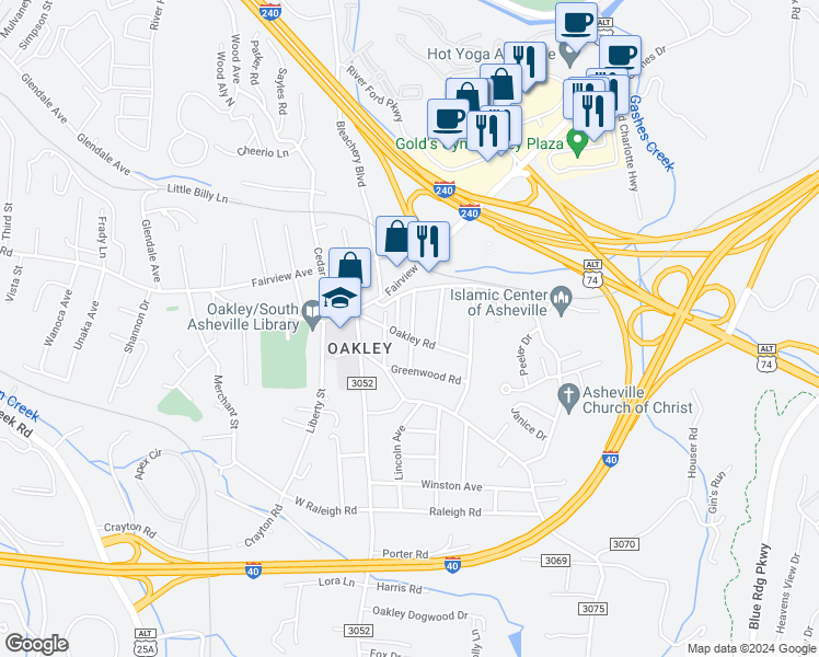 map of restaurants, bars, coffee shops, grocery stores, and more near 48 Oakley Road in Asheville