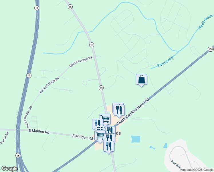 map of restaurants, bars, coffee shops, grocery stores, and more near 5834 North Carolina 16 in Maiden