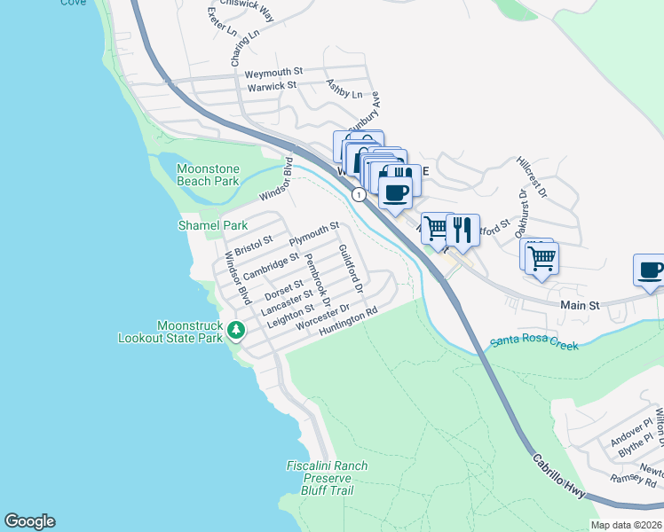 map of restaurants, bars, coffee shops, grocery stores, and more near 551 Dorset Street in Cambria