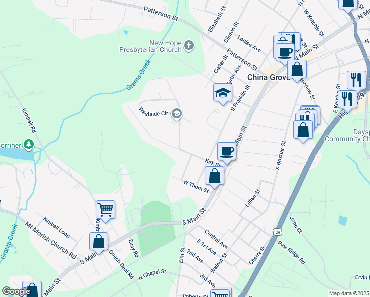 map of restaurants, bars, coffee shops, grocery stores, and more near 408 Kirk Street in China Grove