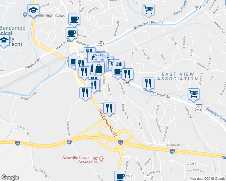 map of restaurants, bars, coffee shops, grocery stores, and more near 119 Dodge Street in Asheville