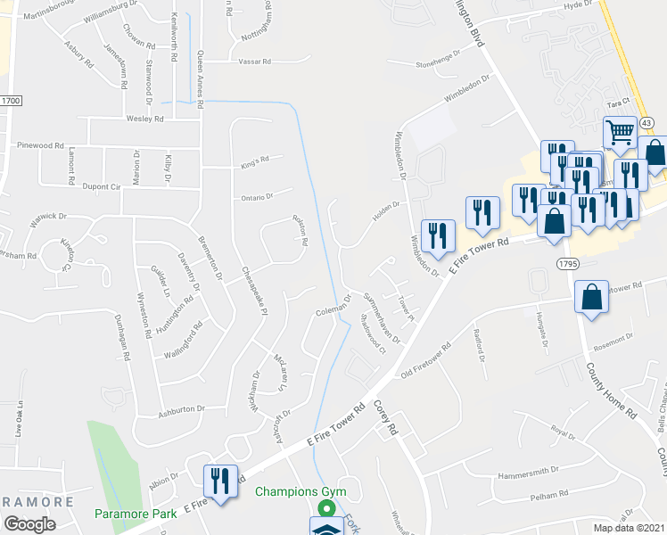 map of restaurants, bars, coffee shops, grocery stores, and more near 1206 Holden Drive in Greenville