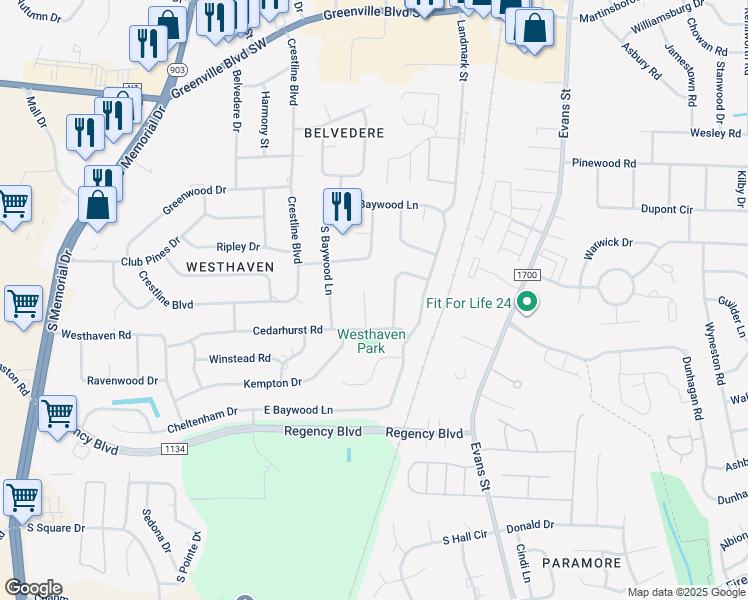 map of restaurants, bars, coffee shops, grocery stores, and more near 205 Bristol Court in Greenville