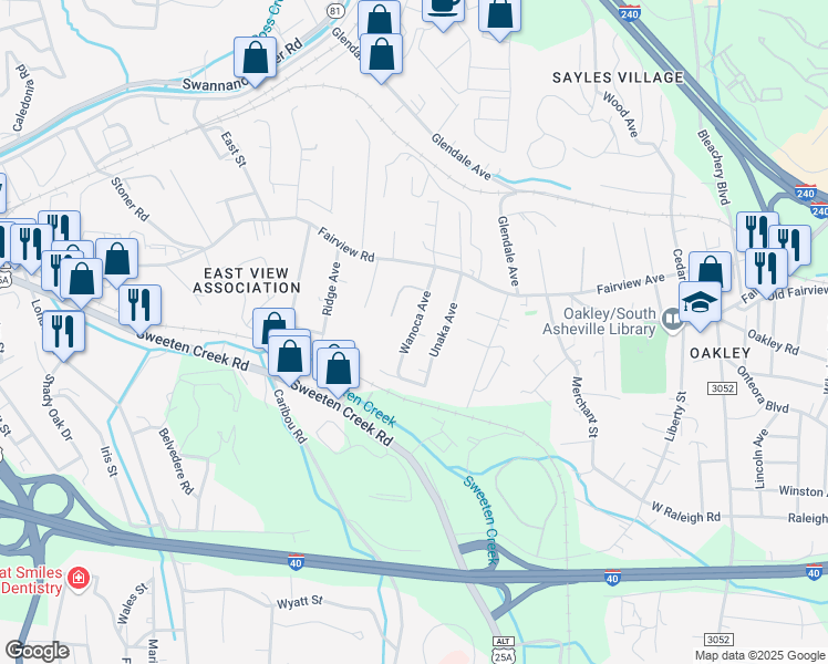 map of restaurants, bars, coffee shops, grocery stores, and more near 67 Wanoca Avenue in Asheville
