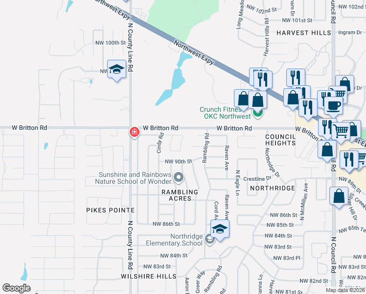 map of restaurants, bars, coffee shops, grocery stores, and more near 9217 Aaron Drive in Oklahoma City