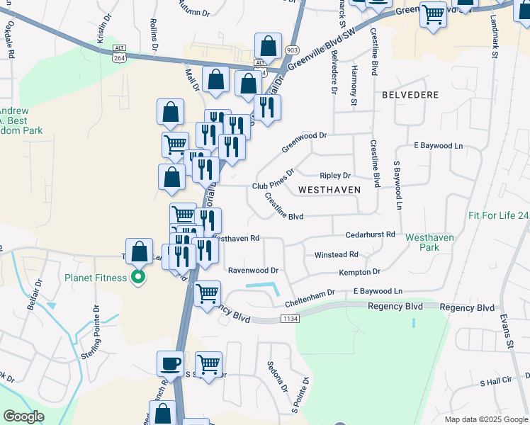 map of restaurants, bars, coffee shops, grocery stores, and more near 109 Hearthside Drive in Greenville