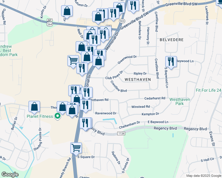 map of restaurants, bars, coffee shops, grocery stores, and more near 109 Hearthside Drive in Greenville