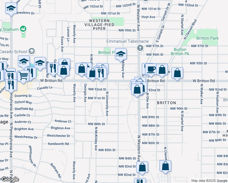 map of restaurants, bars, coffee shops, grocery stores, and more near 1208 Northwest 92nd Street in Oklahoma City