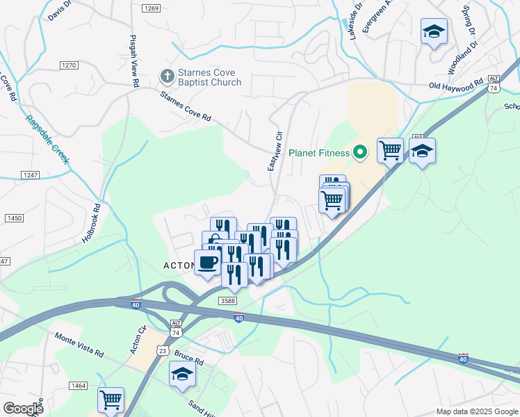 map of restaurants, bars, coffee shops, grocery stores, and more near 1923 Old Haywood Road in Asheville