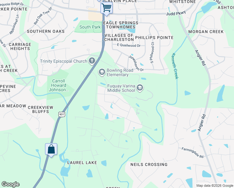map of restaurants, bars, coffee shops, grocery stores, and more near 229 Theys Mill Way in Fuquay-Varina