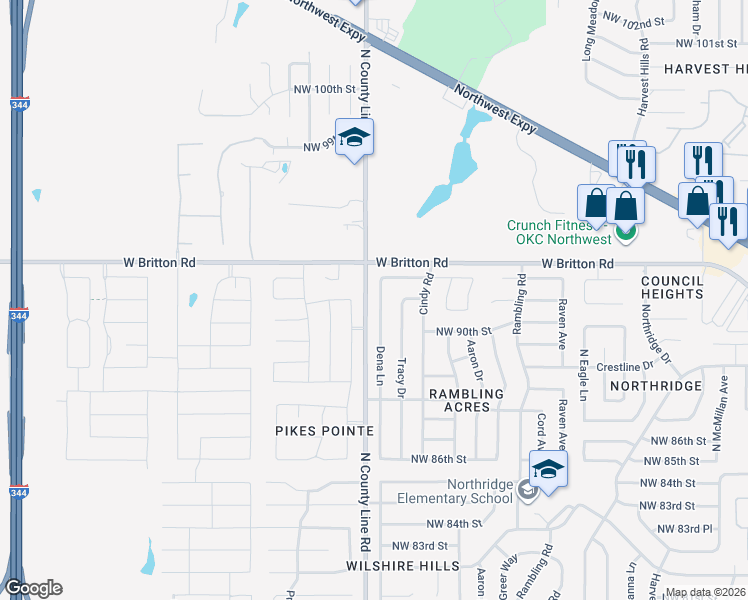 map of restaurants, bars, coffee shops, grocery stores, and more near 9213 Dena Lane in Oklahoma City