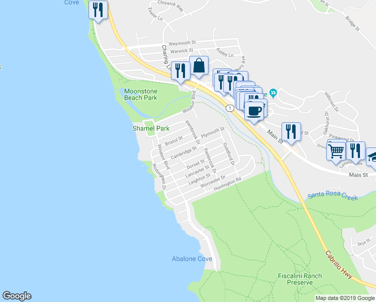 map of restaurants, bars, coffee shops, grocery stores, and more near Cambridge Street in Cambria