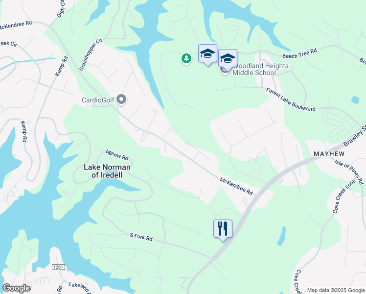 map of restaurants, bars, coffee shops, grocery stores, and more near 106 Ridgebrook Drive in Mooresville