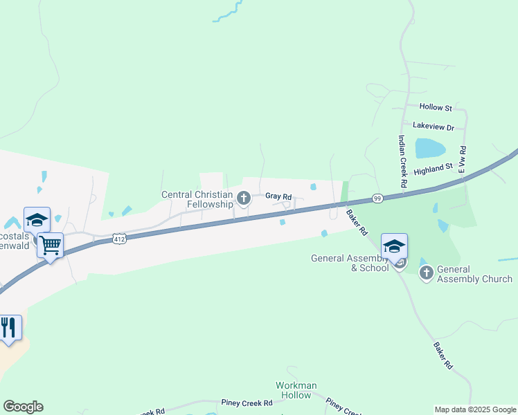 map of restaurants, bars, coffee shops, grocery stores, and more near 828 Gray Road in Hohenwald