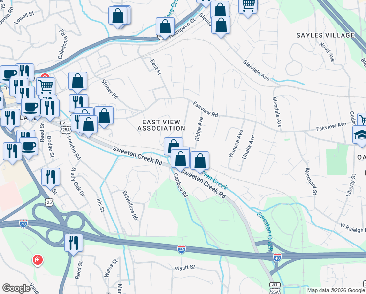 map of restaurants, bars, coffee shops, grocery stores, and more near 50 Main Street in Asheville