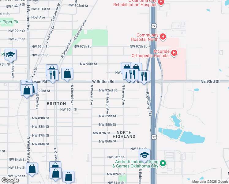 map of restaurants, bars, coffee shops, grocery stores, and more near 344 West Britton Road in Oklahoma City