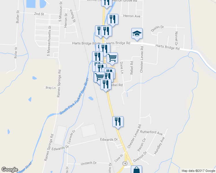 map of restaurants, bars, coffee shops, grocery stores, and more near 49 Rebel Road in Jackson