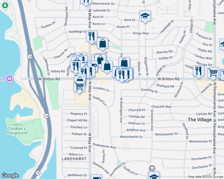 map of restaurants, bars, coffee shops, grocery stores, and more near 2802 West Britton Road in Oklahoma City
