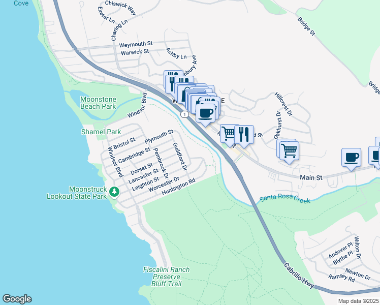 map of restaurants, bars, coffee shops, grocery stores, and more near Plymouth Street in Cambria