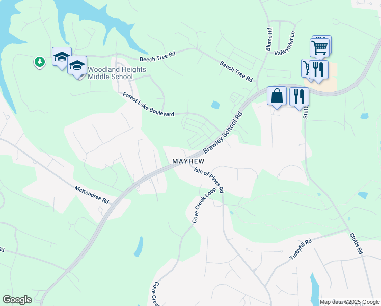 map of restaurants, bars, coffee shops, grocery stores, and more near 1284 Brawley School Road in Mooresville