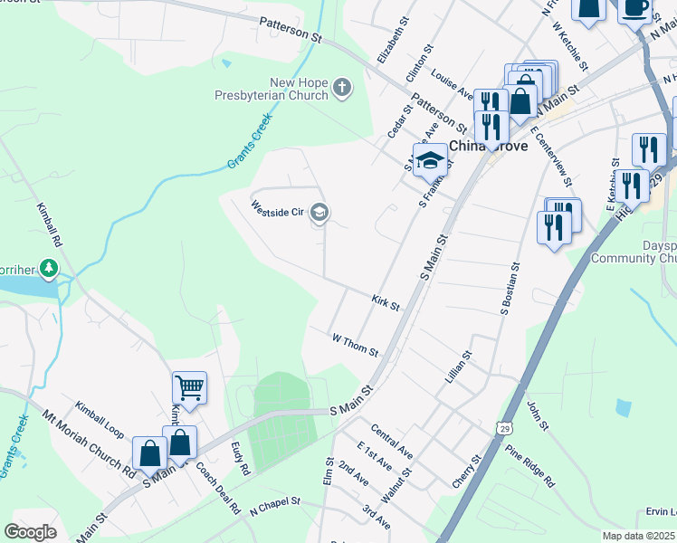 map of restaurants, bars, coffee shops, grocery stores, and more near 408 Kirk Street in China Grove