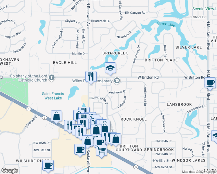 map of restaurants, bars, coffee shops, grocery stores, and more near 100 Costa Mesa Way in Oklahoma City