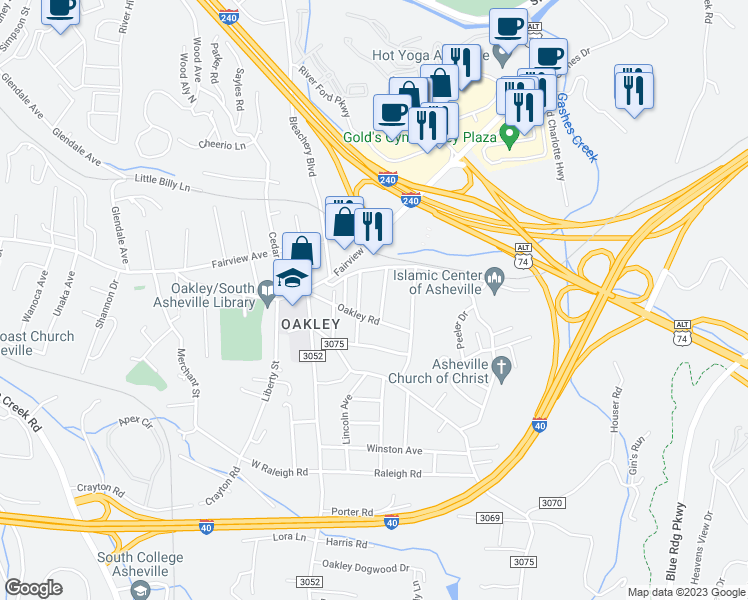 map of restaurants, bars, coffee shops, grocery stores, and more near 33 Hilldale Road in Asheville