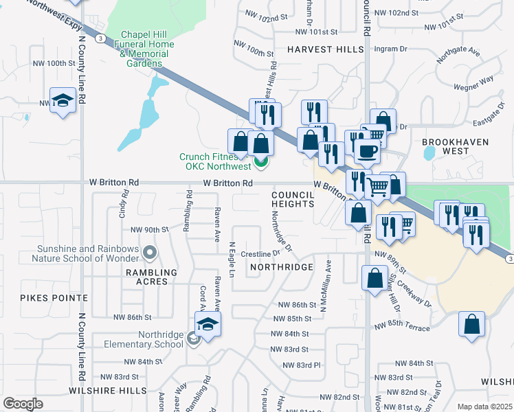 map of restaurants, bars, coffee shops, grocery stores, and more near 8416 Northwest 92nd Street in Oklahoma City
