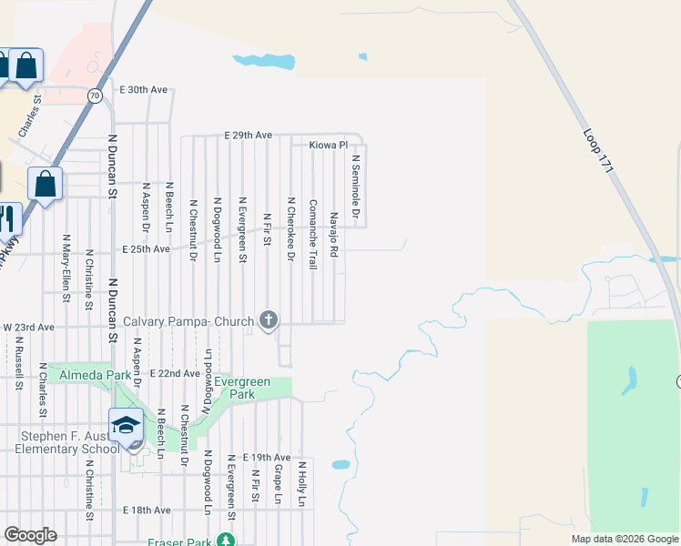 map of restaurants, bars, coffee shops, grocery stores, and more near 2401-2421 Navajo Road in Pampa