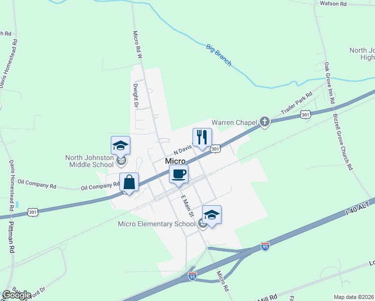 map of restaurants, bars, coffee shops, grocery stores, and more near 103 North Davis Street in Smithfield
