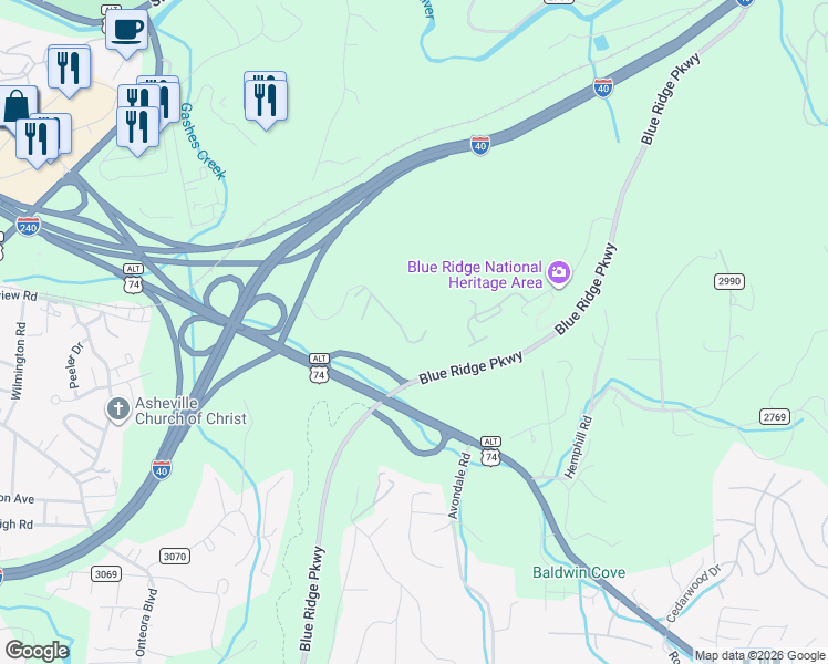 map of restaurants, bars, coffee shops, grocery stores, and more near 326 Gashes Creek Road in Asheville
