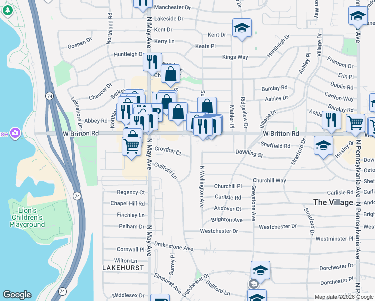 map of restaurants, bars, coffee shops, grocery stores, and more near 2802 West Britton Road in Oklahoma City