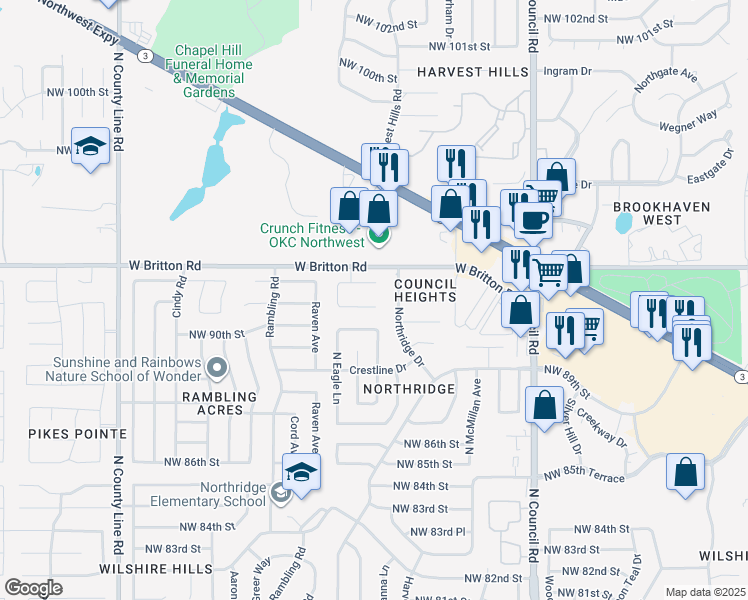 map of restaurants, bars, coffee shops, grocery stores, and more near 8416 Northwest 92nd Street in Oklahoma City
