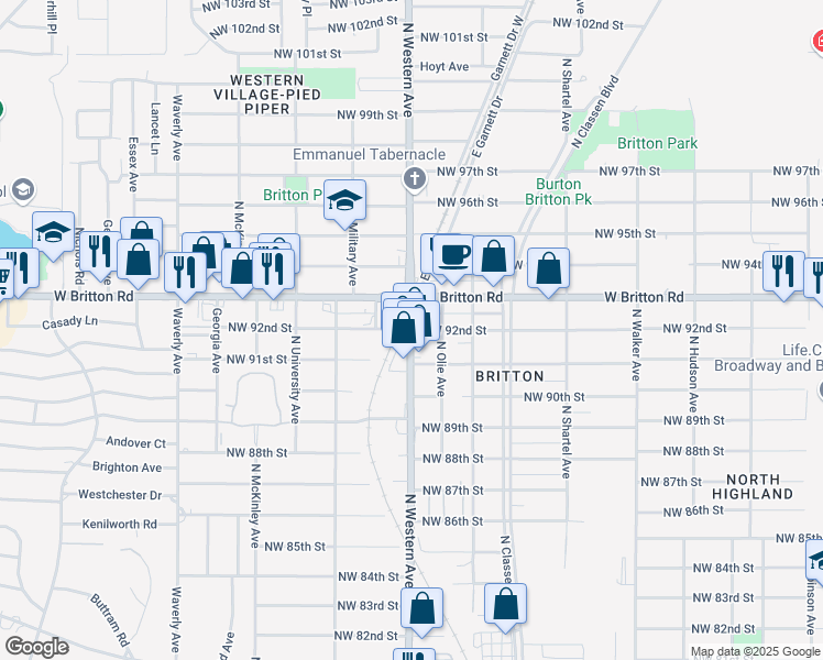 map of restaurants, bars, coffee shops, grocery stores, and more near N Western Ave & NW 92nd St in Oklahoma City