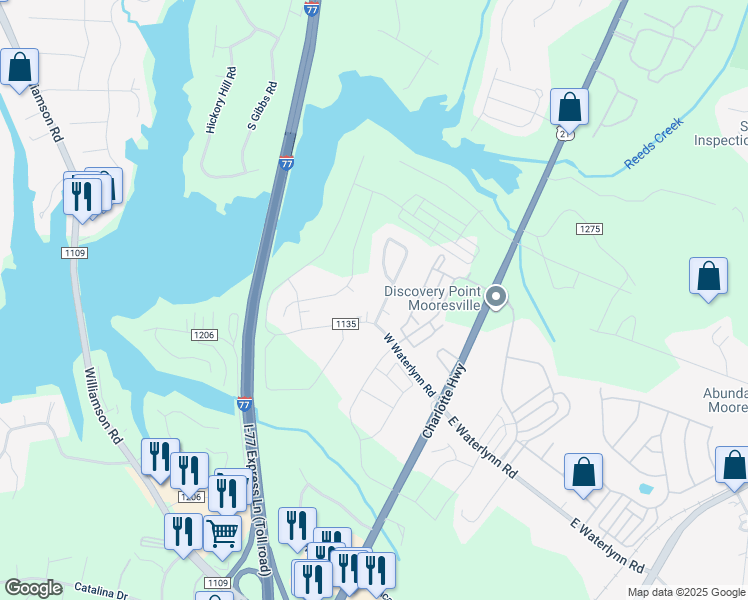 map of restaurants, bars, coffee shops, grocery stores, and more near Regal Circle in Mooresville