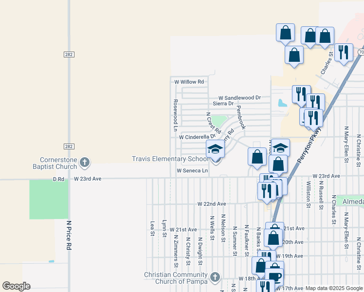 map of restaurants, bars, coffee shops, grocery stores, and more near 1137 West Cinderella Drive in Pampa