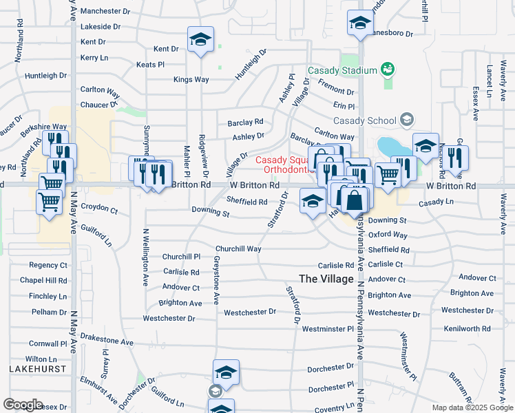 map of restaurants, bars, coffee shops, grocery stores, and more near 1929 Sheffield Road in The Village